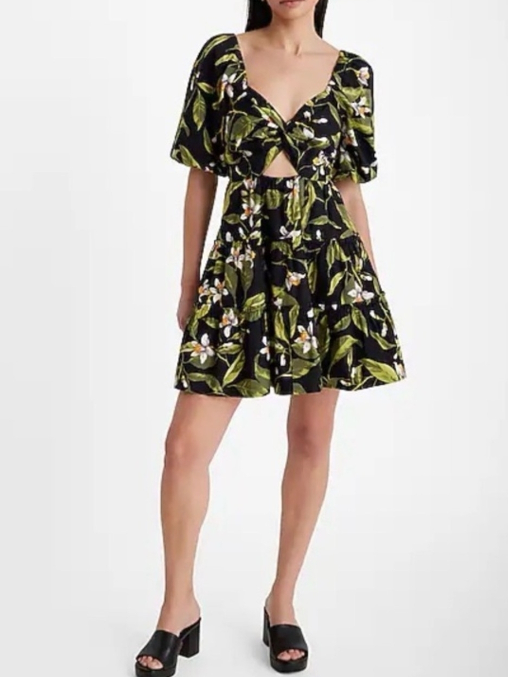 Express Cut Out Black Mini Dress with Green Floral Print